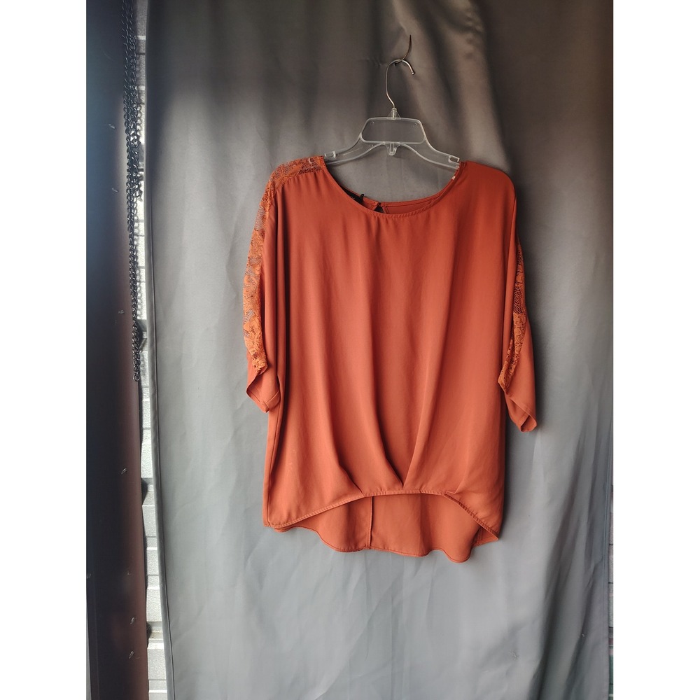Alyx Womens Burnt Orange Lace Shoulder Short Sleeve High Low Blouse Small